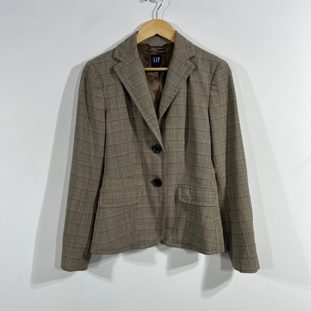 Gap Y2K Academia Heritage Brown Glen Plaid Wool Blazer Jacket Size Preppy 90s